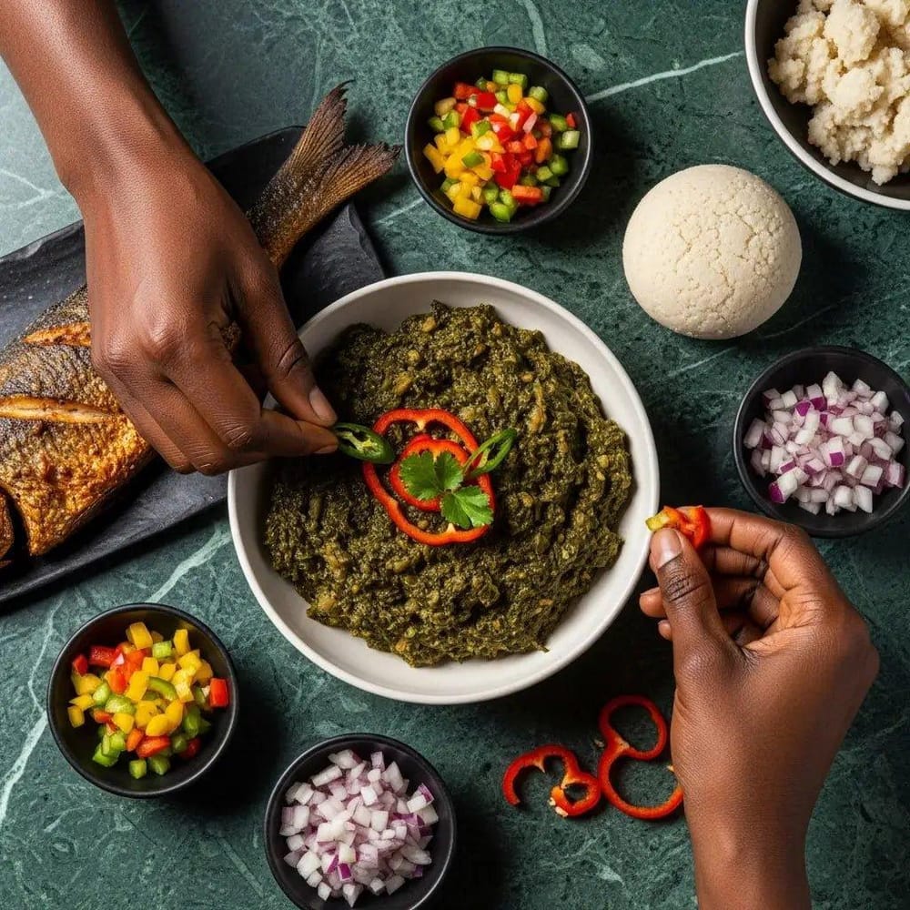 Saka-saka garni de piment, poisson grillé, chikwangue et condiments frais