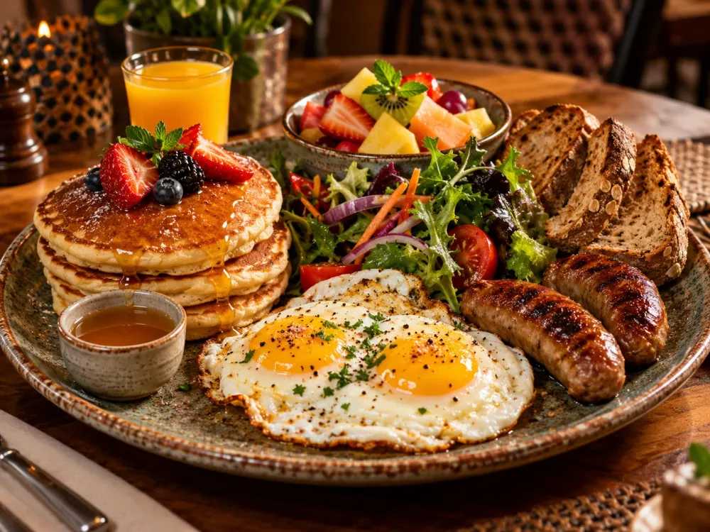 Brunch LAMBA : pancakes, œufs, saucisses, salade verte, salade de fruits, pain et jus