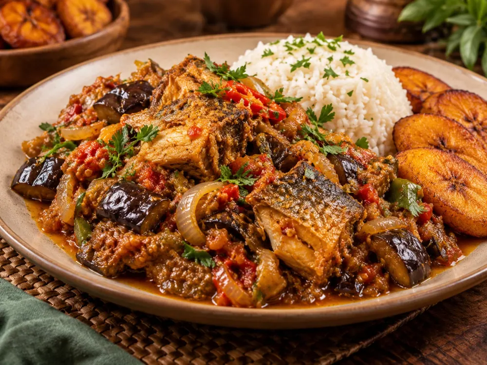 Poisson salé aux aubergines LAMBA, servi avec riz et bananes plantain