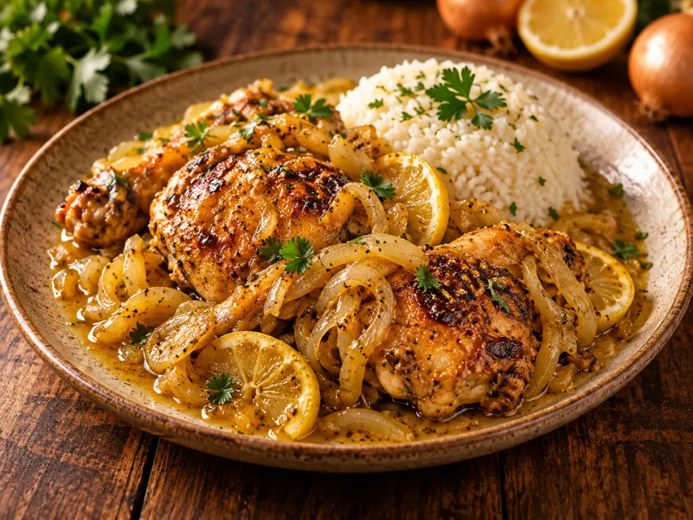 Poulet yassa LAMBA aux oignons et citron, servi avec du riz