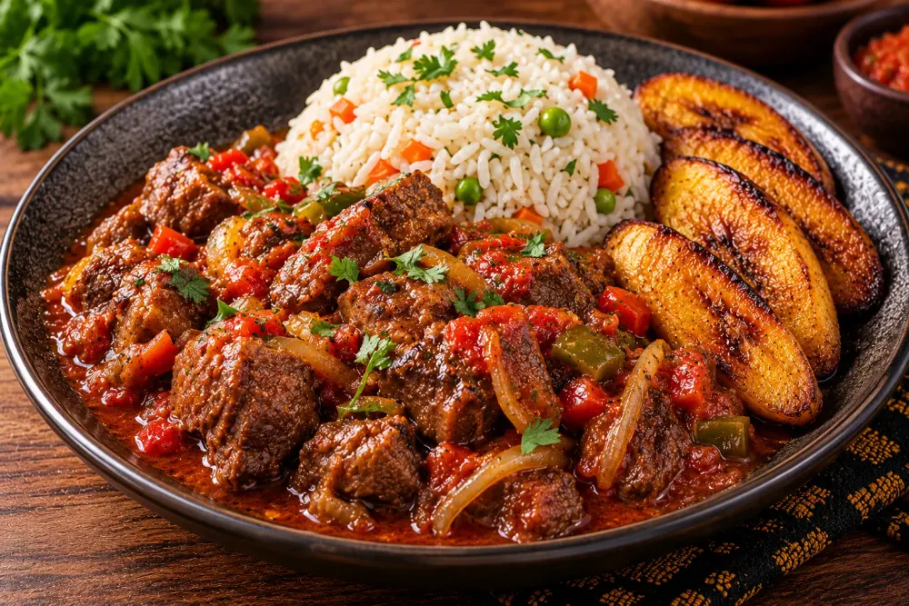 Ragoût de bœuf LAMBA, servi avec riz et bananes plantain